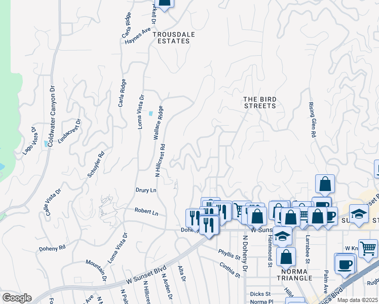 map of restaurants, bars, coffee shops, grocery stores, and more near 9410 Flicker Way in Los Angeles