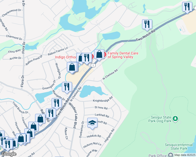 map of restaurants, bars, coffee shops, grocery stores, and more near 401 North Chelsea Road in Columbia