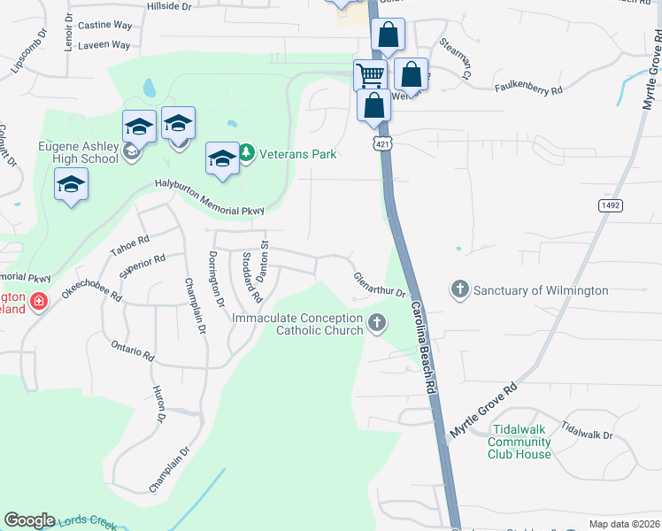 map of restaurants, bars, coffee shops, grocery stores, and more near 804 Tanlaw Court in Wilmington
