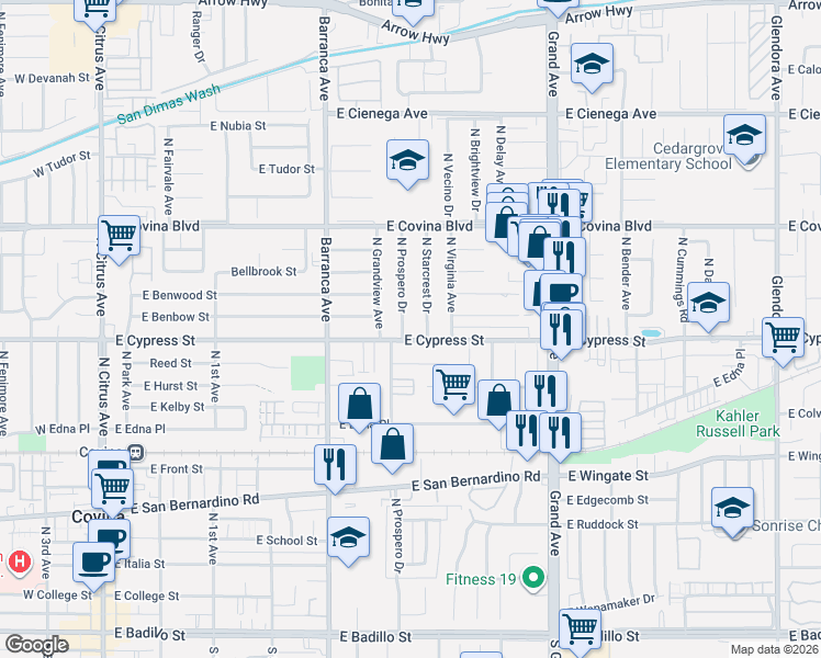 map of restaurants, bars, coffee shops, grocery stores, and more near 912 North Prospero Drive in Covina