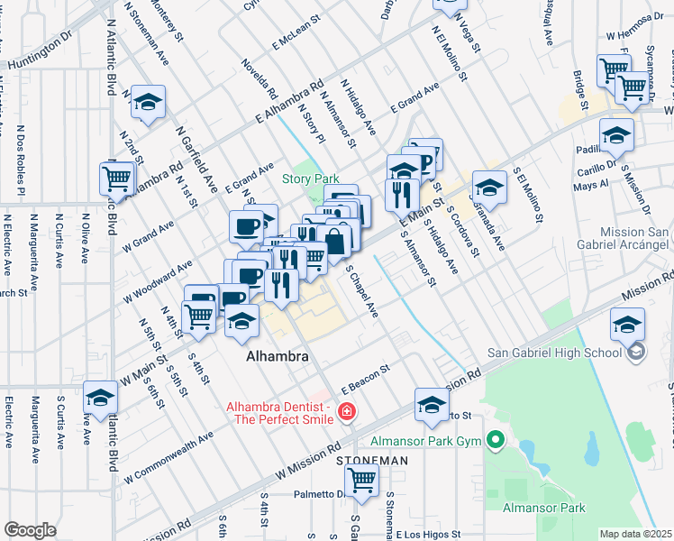 map of restaurants, bars, coffee shops, grocery stores, and more near 243 East Main Street in Alhambra