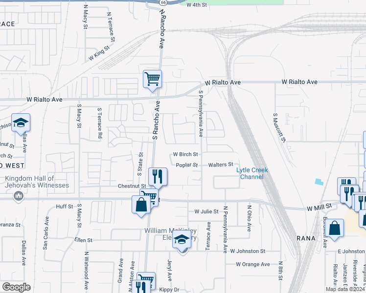 map of restaurants, bars, coffee shops, grocery stores, and more near 1945 Deer Creek Road in San Bernardino