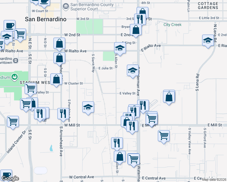 map of restaurants, bars, coffee shops, grocery stores, and more near 290 South Allen Street in San Bernardino