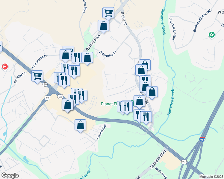 map of restaurants, bars, coffee shops, grocery stores, and more near 4105 Sturgeon Circle in Buford