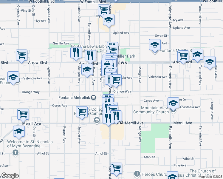 map of restaurants, bars, coffee shops, grocery stores, and more near 8676 Wheeler Avenue in Fontana