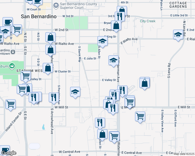 map of restaurants, bars, coffee shops, grocery stores, and more near 290 South Allen Street in San Bernardino