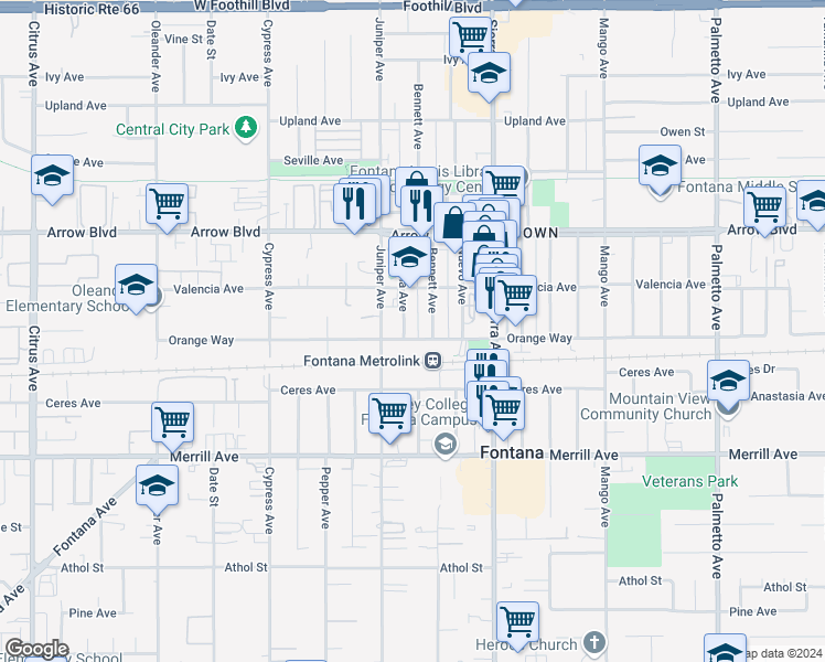 map of restaurants, bars, coffee shops, grocery stores, and more near 16742 Orange Way in Fontana