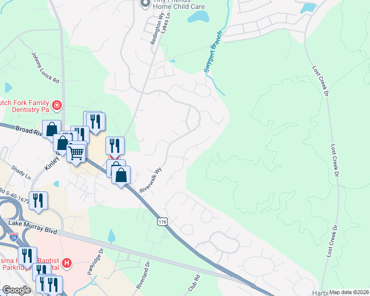 map of restaurants, bars, coffee shops, grocery stores, and more near 207 Woodspur Road in Irmo