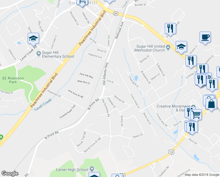 map of restaurants, bars, coffee shops, grocery stores, and more near 4639 Pine Tree Circle in Buford