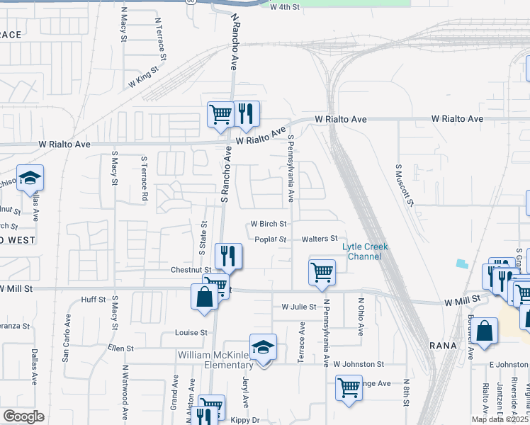 map of restaurants, bars, coffee shops, grocery stores, and more near 1945 Deer Creek Road in San Bernardino