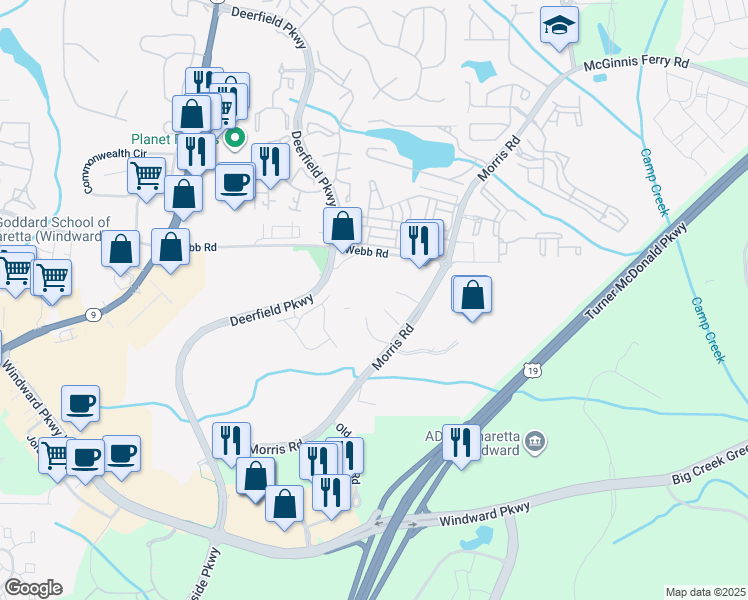 map of restaurants, bars, coffee shops, grocery stores, and more near 13010 Morris Road in Alpharetta