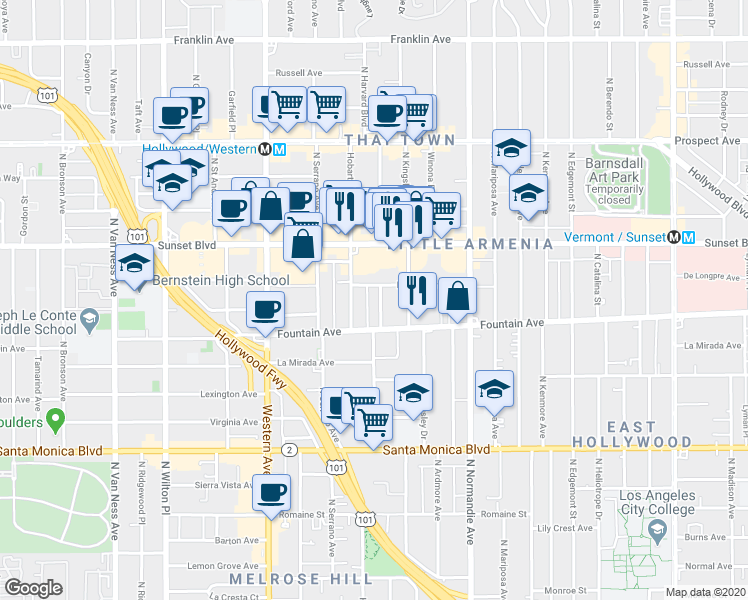 map of restaurants, bars, coffee shops, grocery stores, and more near 1331 North Harvard Boulevard in Los Angeles