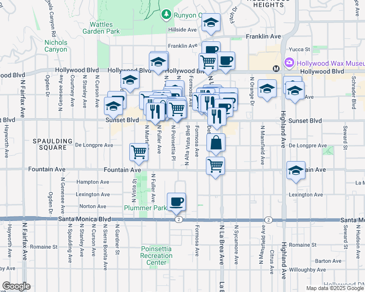 map of restaurants, bars, coffee shops, grocery stores, and more near 1426 North Alta Vista Boulevard in Los Angeles