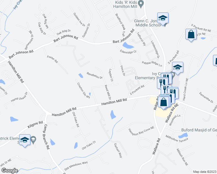 map of restaurants, bars, coffee shops, grocery stores, and more near 3201 Cavendish Court Northeast in Buford