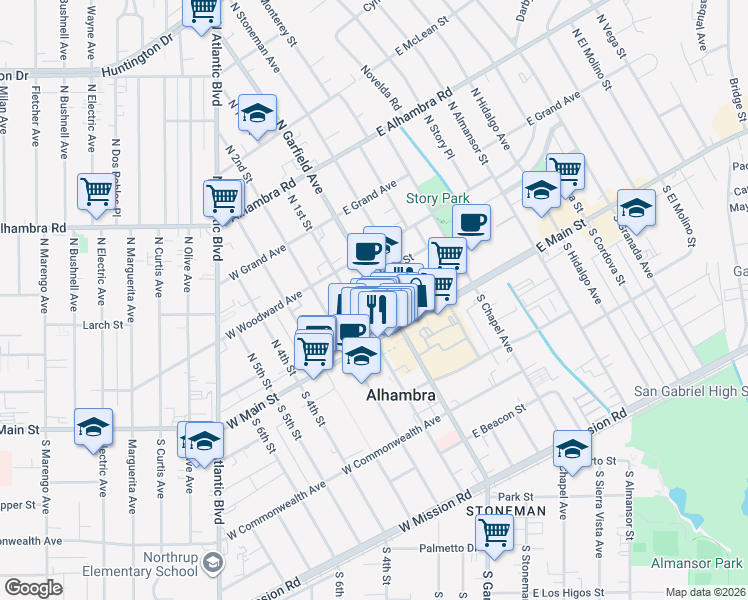 map of restaurants, bars, coffee shops, grocery stores, and more near 127 North Garfield Avenue in Alhambra