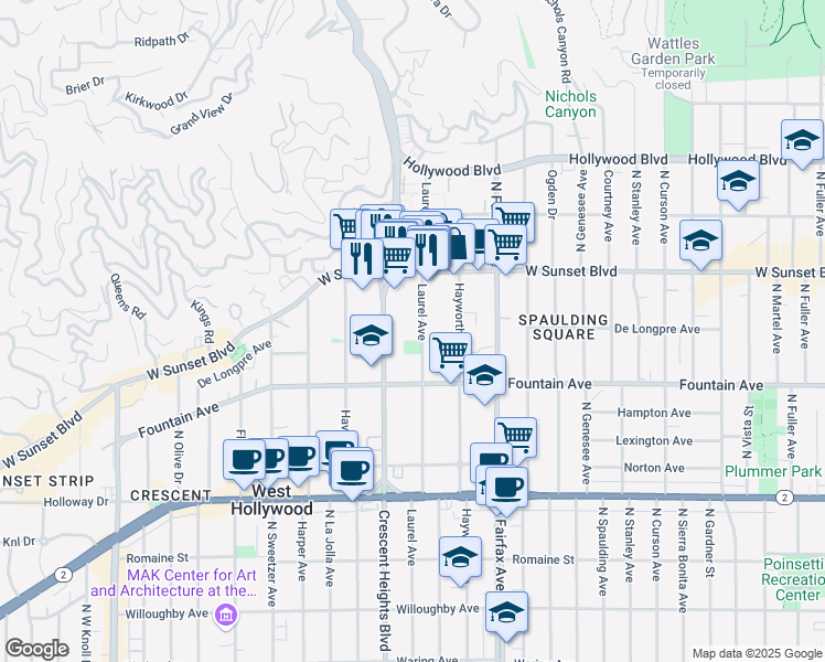 map of restaurants, bars, coffee shops, grocery stores, and more near 1361 North Laurel Avenue in West Hollywood