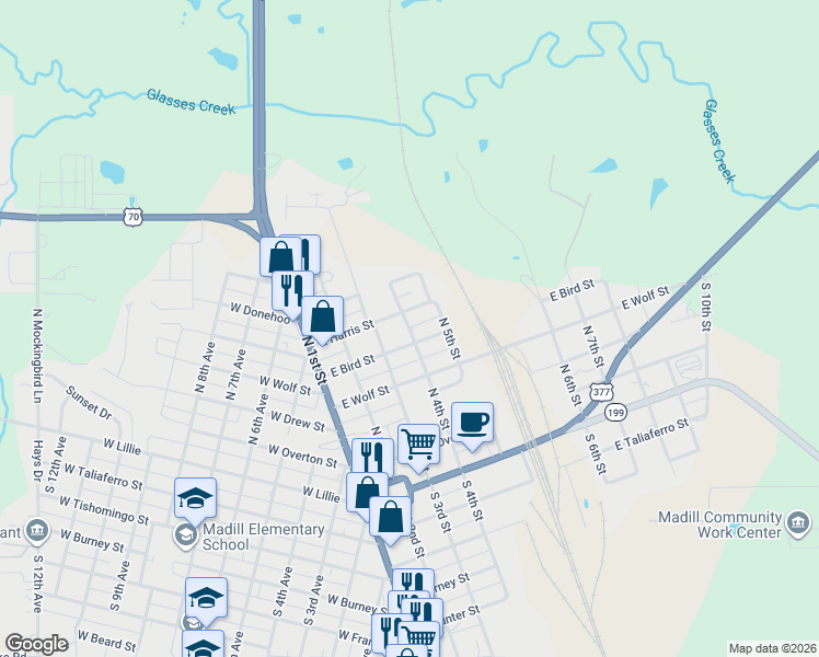 map of restaurants, bars, coffee shops, grocery stores, and more near 410 East Harris Street in Madill