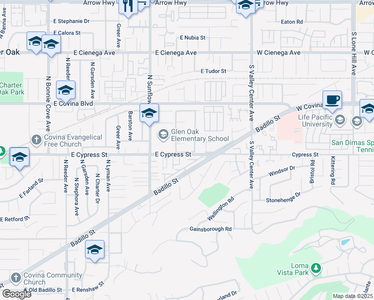 map of restaurants, bars, coffee shops, grocery stores, and more near 21127 East Cypress Street in Covina