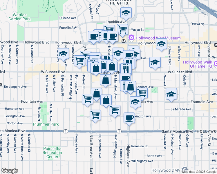 map of restaurants, bars, coffee shops, grocery stores, and more near De Longpre Avenue & North Orange Drive in Los Angeles