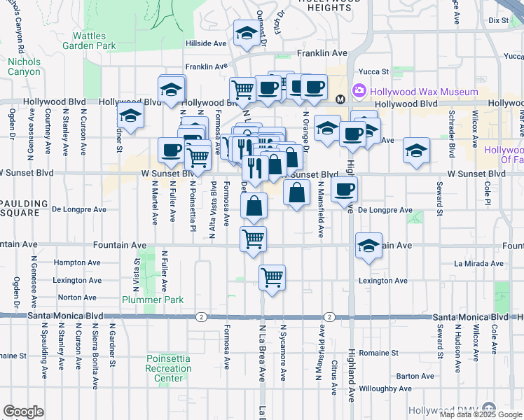 map of restaurants, bars, coffee shops, grocery stores, and more near N La Brea Ave & De Longpre Ave in Los Angeles