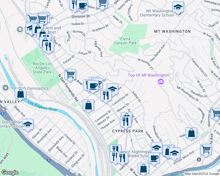 map of restaurants, bars, coffee shops, grocery stores, and more near 3422 Alice Street in Los Angeles