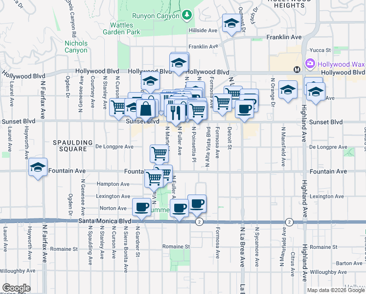 map of restaurants, bars, coffee shops, grocery stores, and more near 1400 North Fuller Avenue in Los Angeles