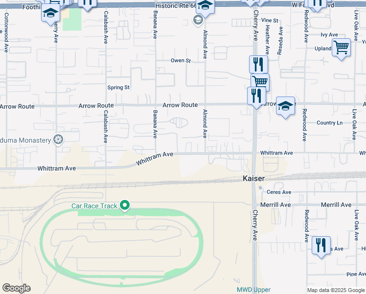 map of restaurants, bars, coffee shops, grocery stores, and more near 14210 Whittram Avenue in Fontana
