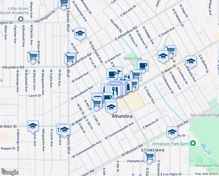 map of restaurants, bars, coffee shops, grocery stores, and more near 108 North 1st Street in Alhambra