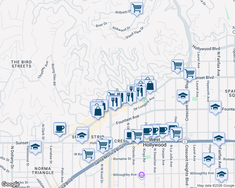 map of restaurants, bars, coffee shops, grocery stores, and more near 1437 Queens Road in Los Angeles