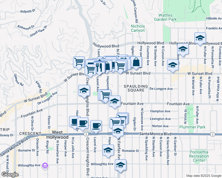 map of restaurants, bars, coffee shops, grocery stores, and more near 1400 Hayworth Avenue in West Hollywood