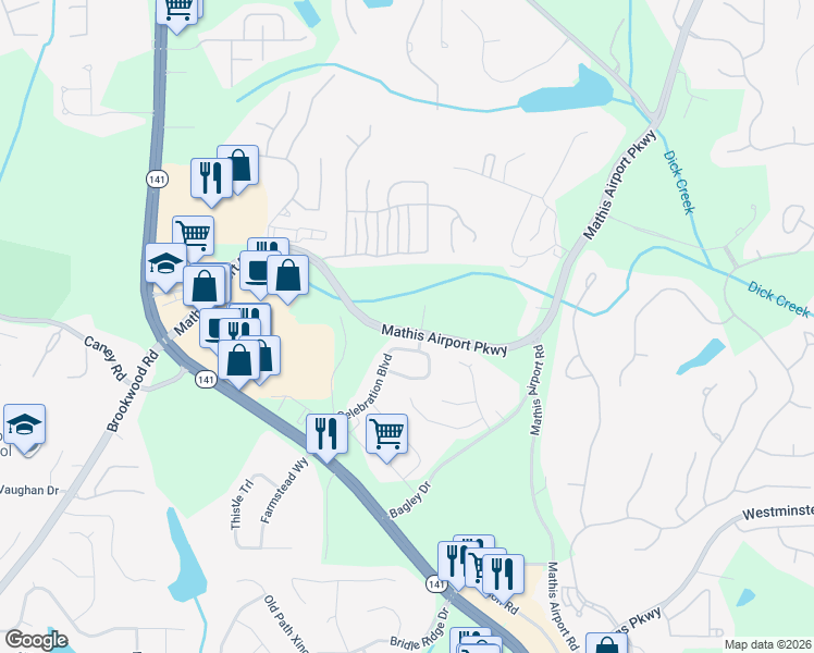 map of restaurants, bars, coffee shops, grocery stores, and more near Mathis Airport Parkway in Suwanee