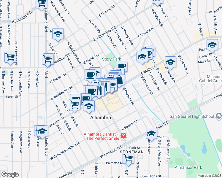map of restaurants, bars, coffee shops, grocery stores, and more near 201 East Main Street in Alhambra