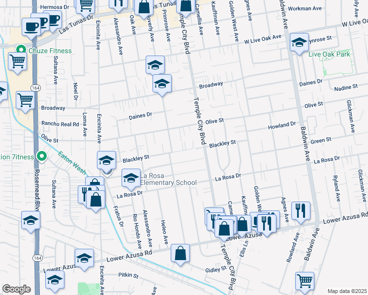 map of restaurants, bars, coffee shops, grocery stores, and more near 9537 Blackley Street in Temple City