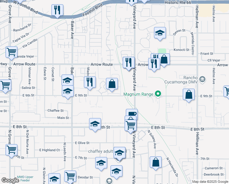 map of restaurants, bars, coffee shops, grocery stores, and more near 8768 East 9th Street in Rancho Cucamonga