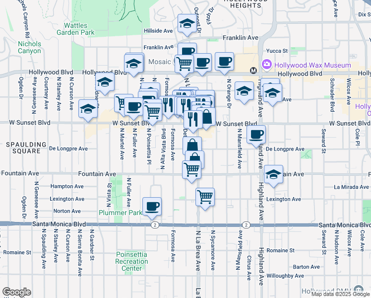 map of restaurants, bars, coffee shops, grocery stores, and more near De Longpre Ave & N Detroit St in Los Angeles