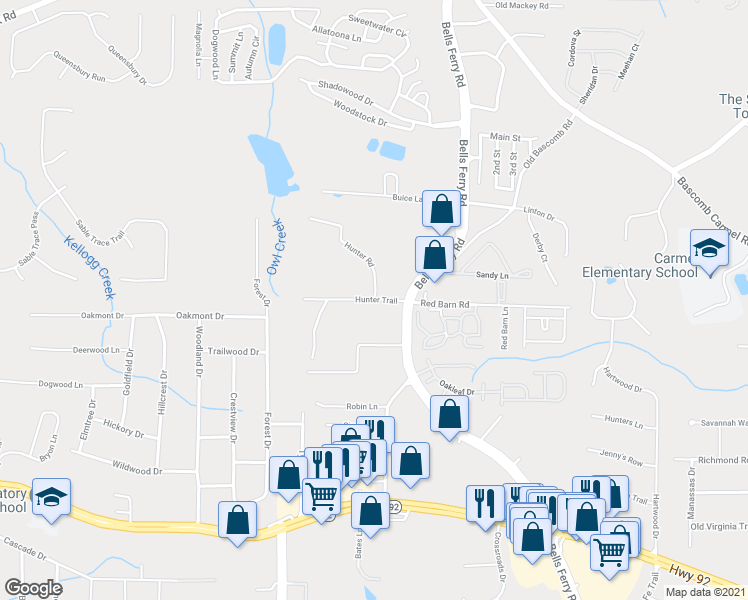 map of restaurants, bars, coffee shops, grocery stores, and more near 1179 Hunter Trail in Acworth