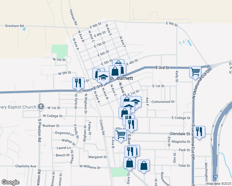 map of restaurants, bars, coffee shops, grocery stores, and more near 300 East 2nd Street in Burkburnett