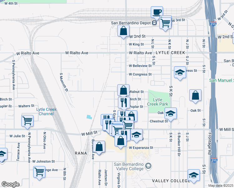 map of restaurants, bars, coffee shops, grocery stores, and more near 1341 Walnut Street in San Bernardino