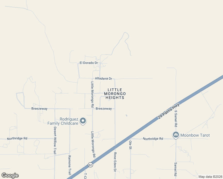 map of restaurants, bars, coffee shops, grocery stores, and more near 8574 Rose Eden Drive in Morongo Valley