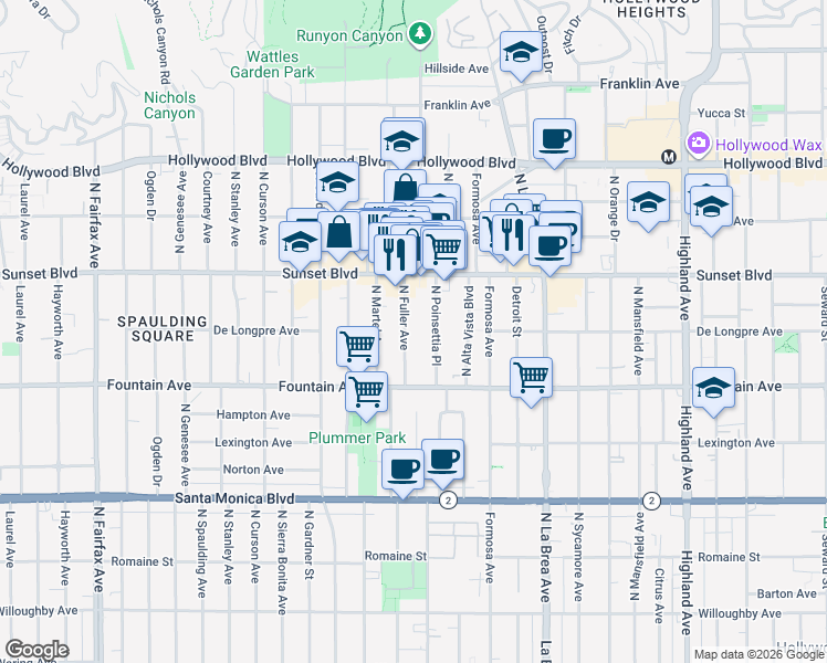 map of restaurants, bars, coffee shops, grocery stores, and more near 1400 North Fuller Avenue in Los Angeles