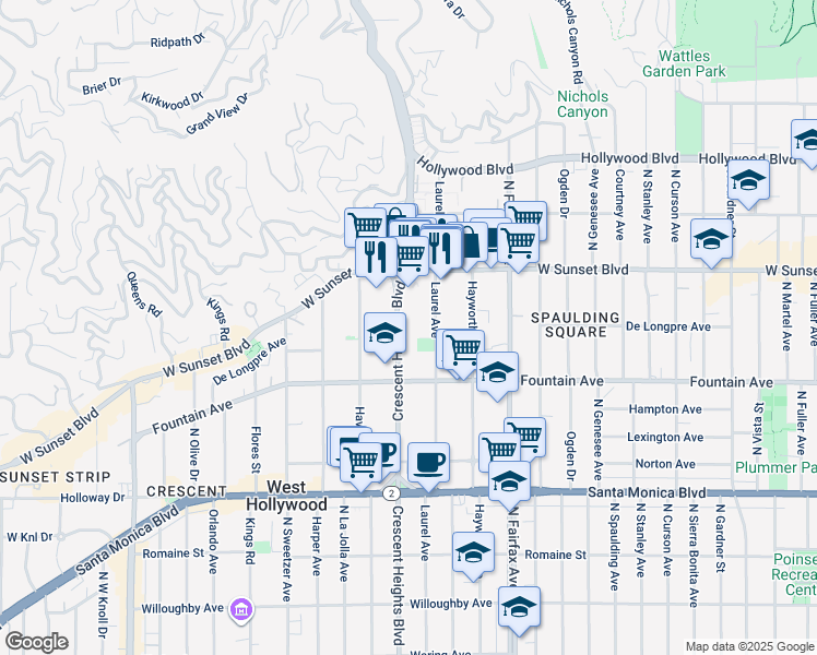 map of restaurants, bars, coffee shops, grocery stores, and more near 1360 North Crescent Heights Boulevard in West Hollywood