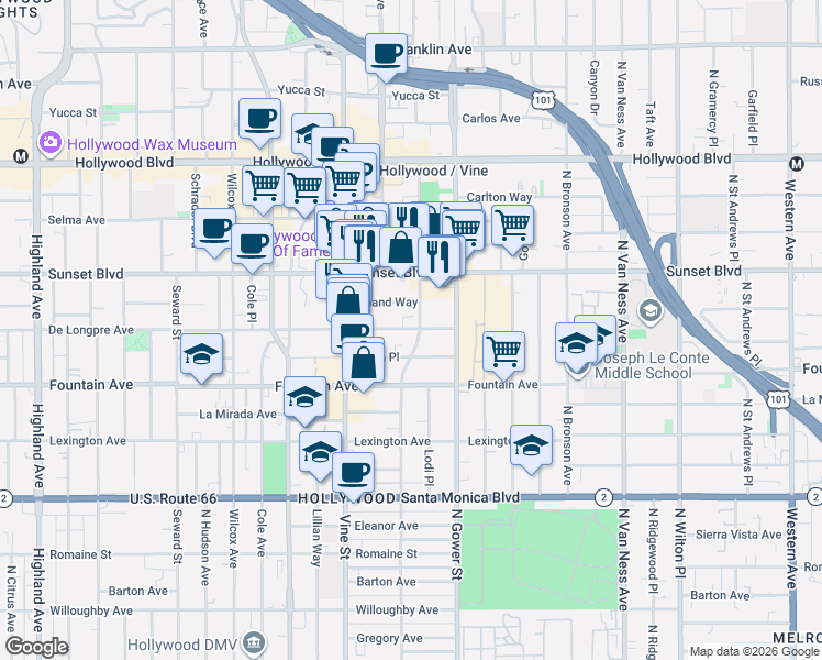 map of restaurants, bars, coffee shops, grocery stores, and more near 6219 De Longpre Avenue in Los Angeles