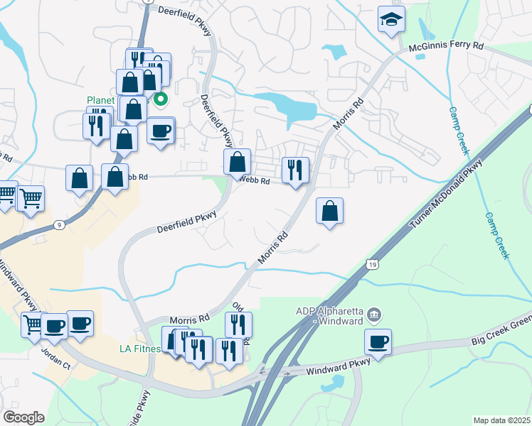 map of restaurants, bars, coffee shops, grocery stores, and more near 13010 Morris Rd in Alpharetta