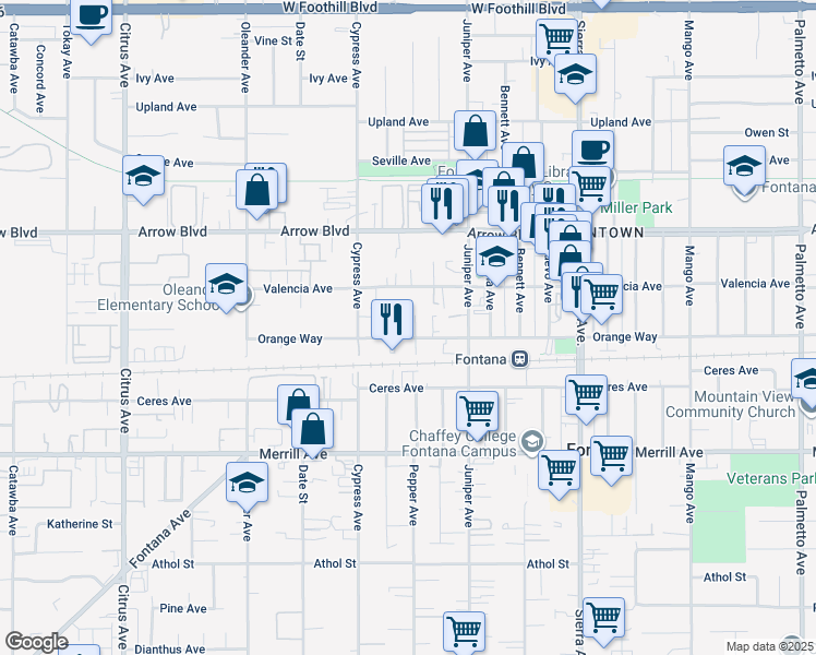map of restaurants, bars, coffee shops, grocery stores, and more near 16594 Orange Way in Fontana