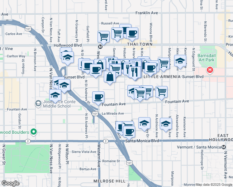 map of restaurants, bars, coffee shops, grocery stores, and more near 1394 North Serrano Avenue in Los Angeles