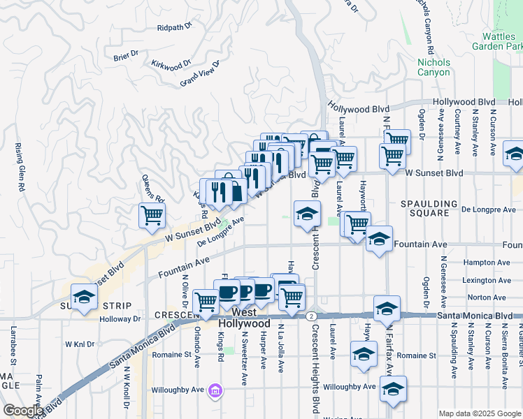 map of restaurants, bars, coffee shops, grocery stores, and more near 1417 North Harper Avenue in Los Angeles