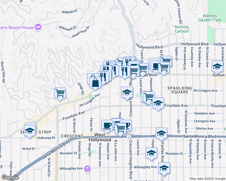 map of restaurants, bars, coffee shops, grocery stores, and more near 1414 North Harper Avenue in Los Angeles