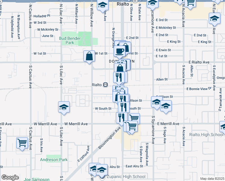map of restaurants, bars, coffee shops, grocery stores, and more near 260 South Orange Avenue in Rialto