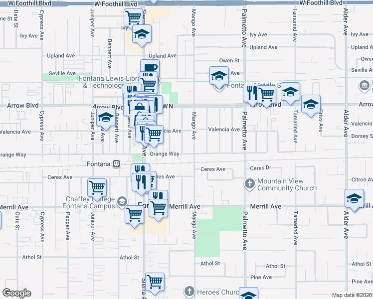 map of restaurants, bars, coffee shops, grocery stores, and more near 8657 Emerald Avenue in Fontana