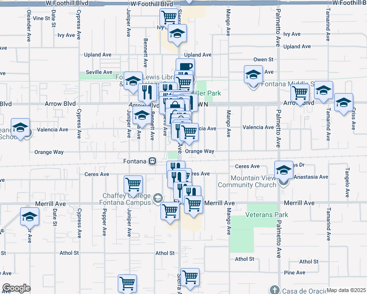 map of restaurants, bars, coffee shops, grocery stores, and more near 8676 Wheeler Avenue in Fontana